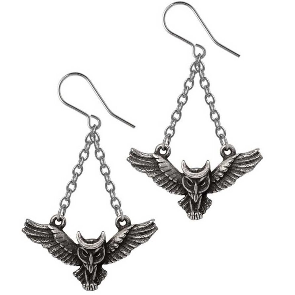 Alchemy Gothic Noctis Athena Dropper Owl Earrings Goddess of Wisdom Wiccan